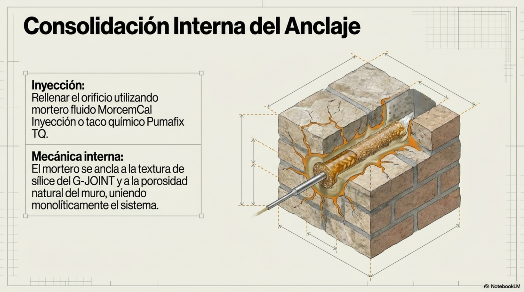Inyección interna del anclaje en el muro de mampostería