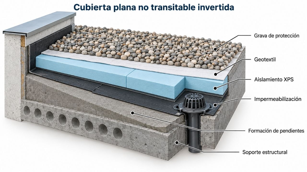 Sección de cubierta plana no transitable invertida