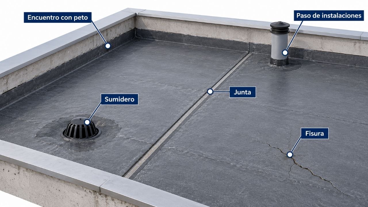 Puntos críticos de impermeabilización en una cubierta